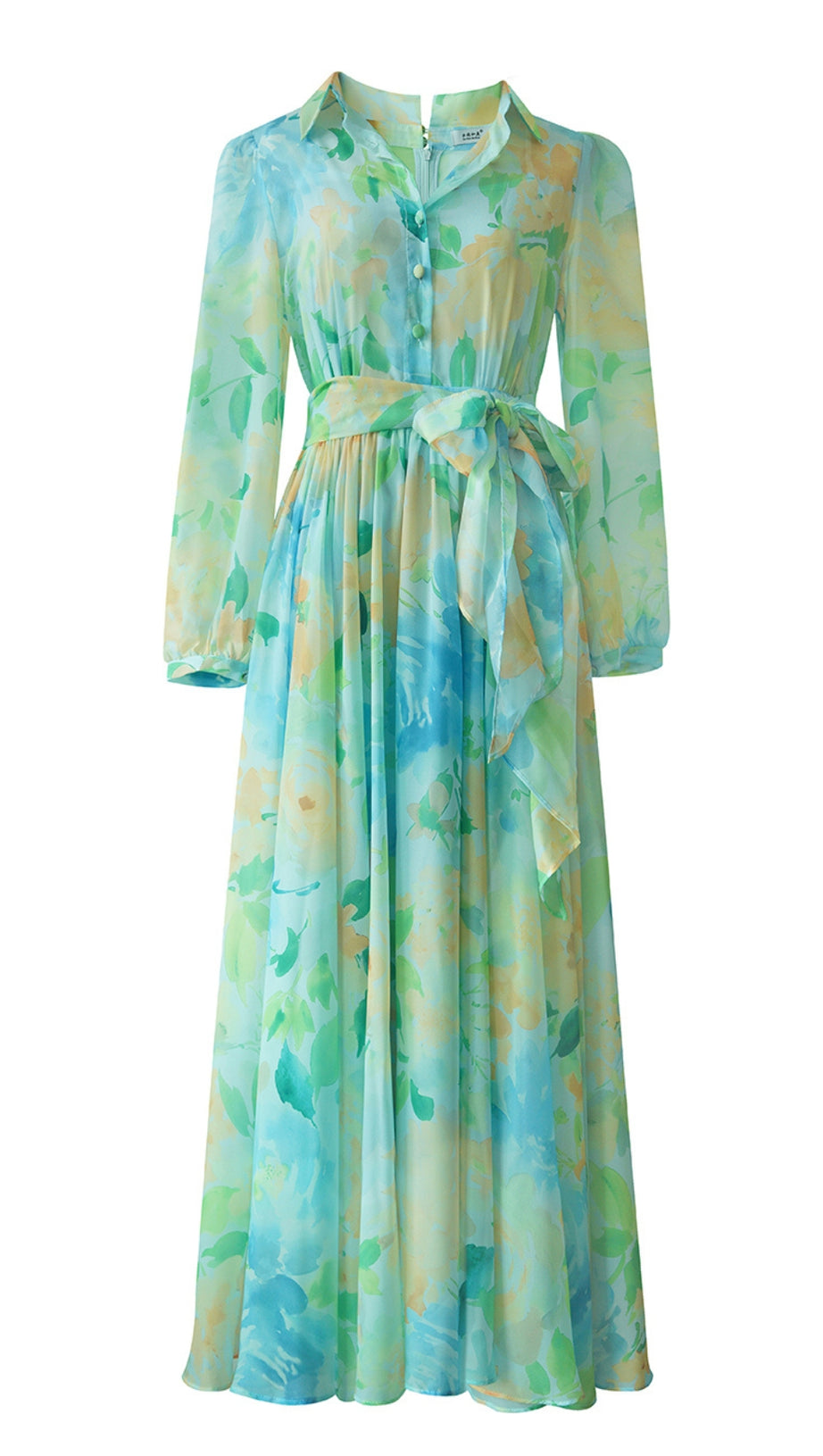 BLUE - GREEN FLORAL CHIFFON MAXI DRESS WITH BELTED WAIST