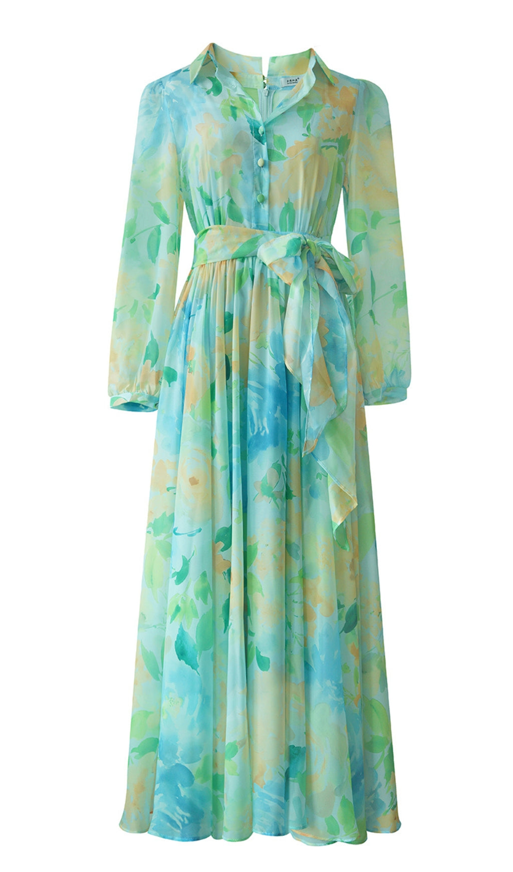 BLUE - GREEN FLORAL CHIFFON MAXI DRESS WITH BELTED WAIST