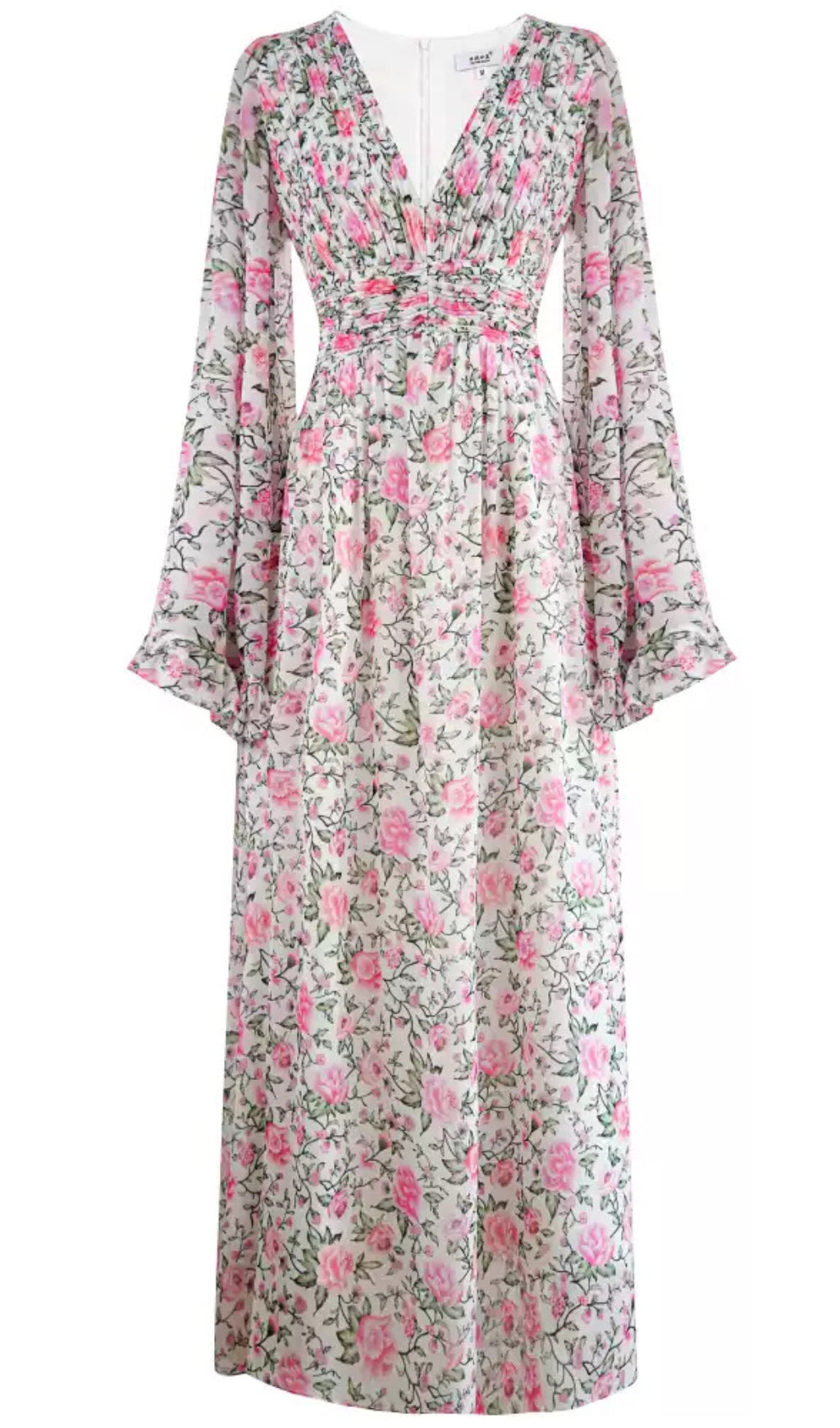 FLORAL PRINT V - NECK MAXI DRESS WITH BELL SLEEVES