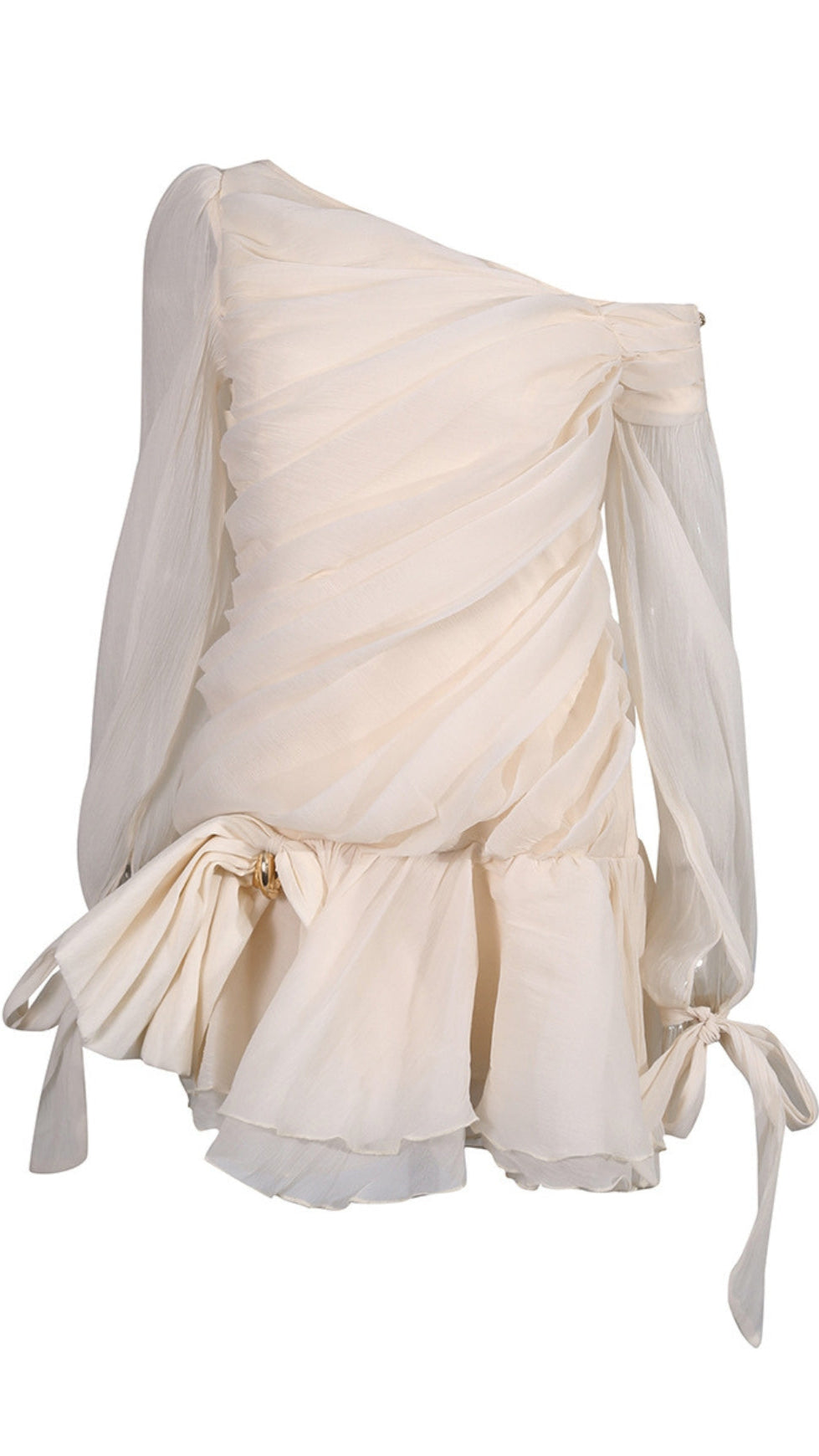 APRICOT RUFFLE DIAGONAL LONG SLEEVE MINI DRESS