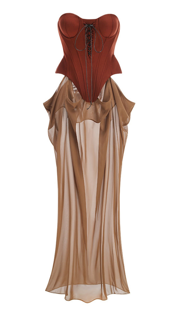 AIIZIE TIE - STRAP BANDEAU BROWN - RED PANELED MAXI DRESS - product image