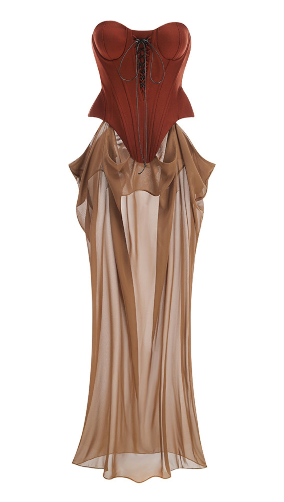 TIE - STRAP BANDEAU BROWN - RED PANELED MAXI DRESS