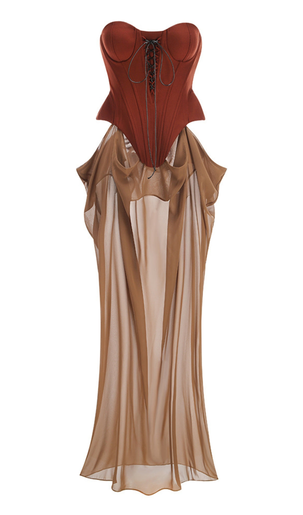 TIE - STRAP BANDEAU BROWN - RED PANELED MAXI DRESS