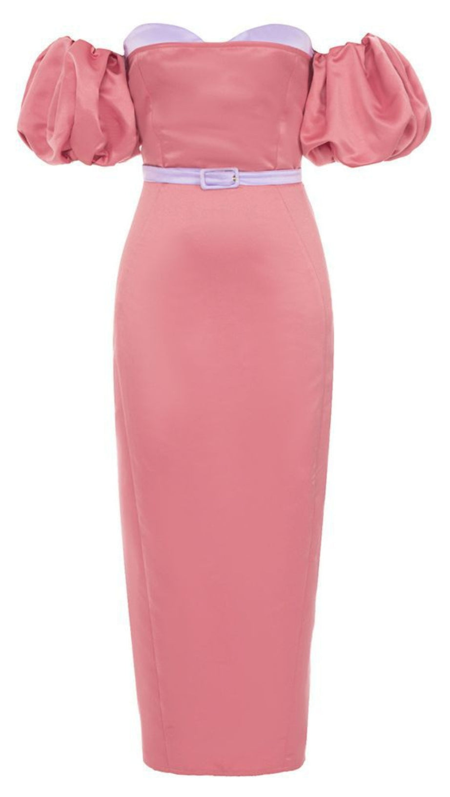 OFF - SHOULDER PUFF - SLEEVE BELTED MIDI DRESS IN PINK