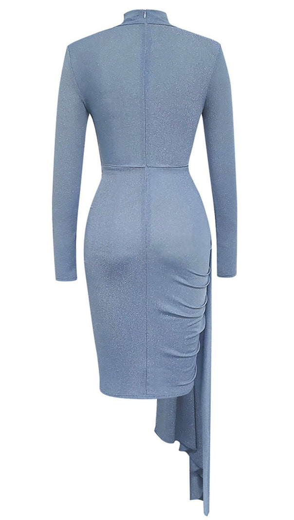 AIIZIE HIGH - NECK RUCHED ASYMMETRIC MINI DRESS IN LIGHT BLUE - product image
