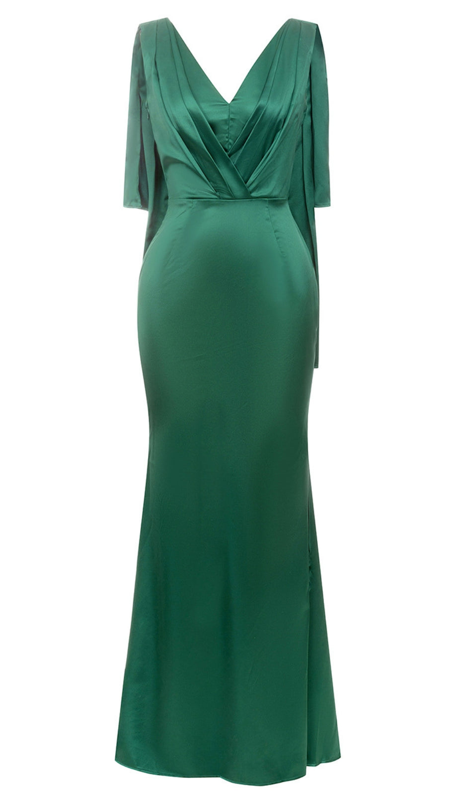 SATIN V - NECK CAPE - SLEEVE MERMAID MAXI DRESS IN GREEN