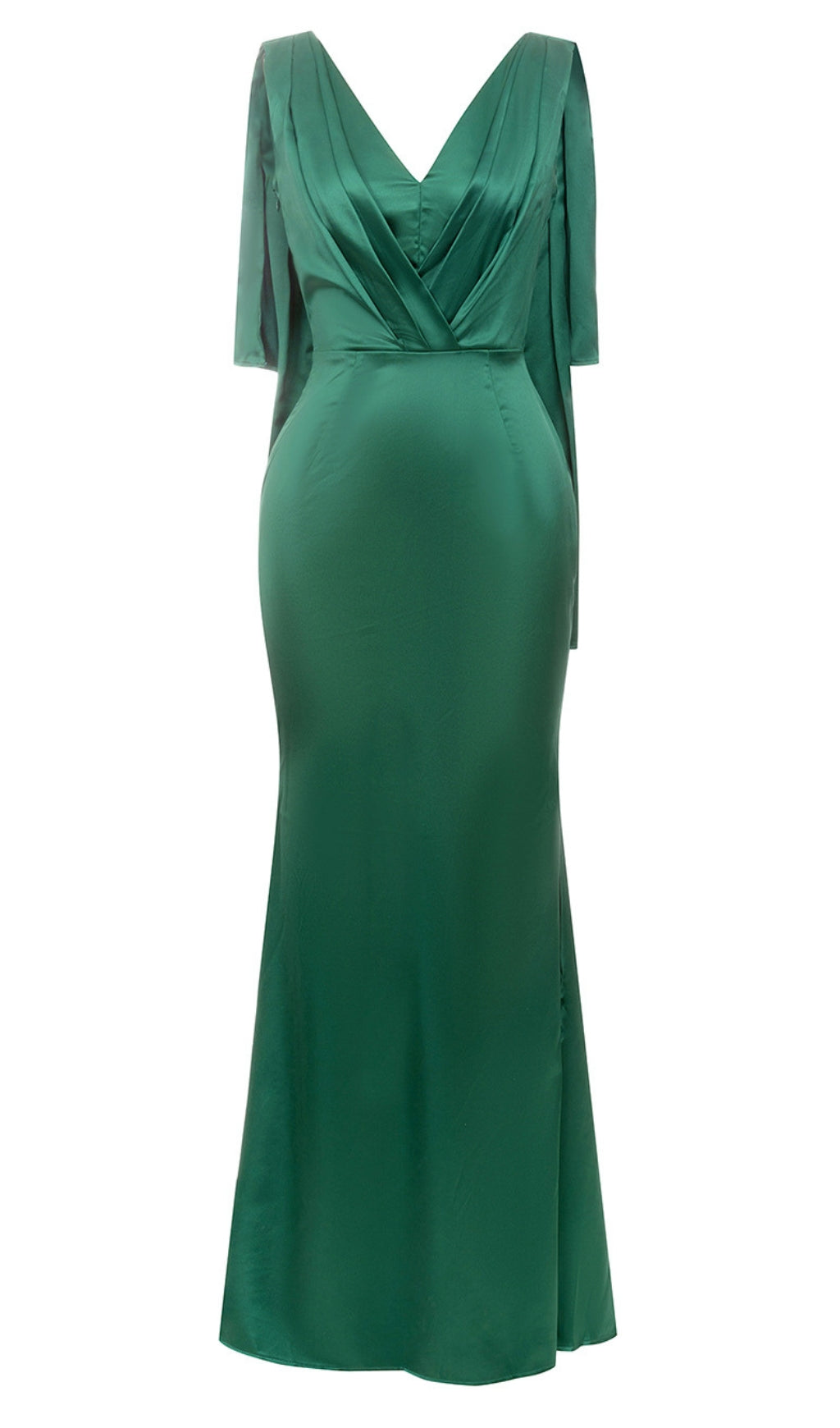 SATIN V - NECK CAPE - SLEEVE MERMAID MAXI DRESS IN GREEN