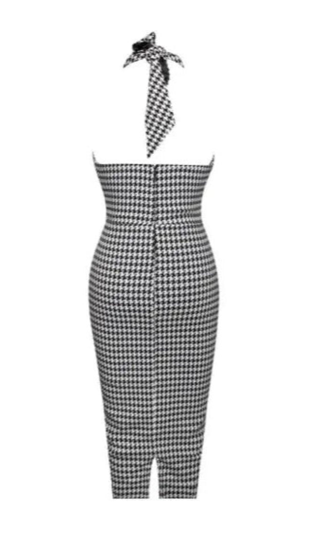 AIIZIE HOUNDSTOOTH CRISS CROSS HALTER NECK MIDI DRESS - product image