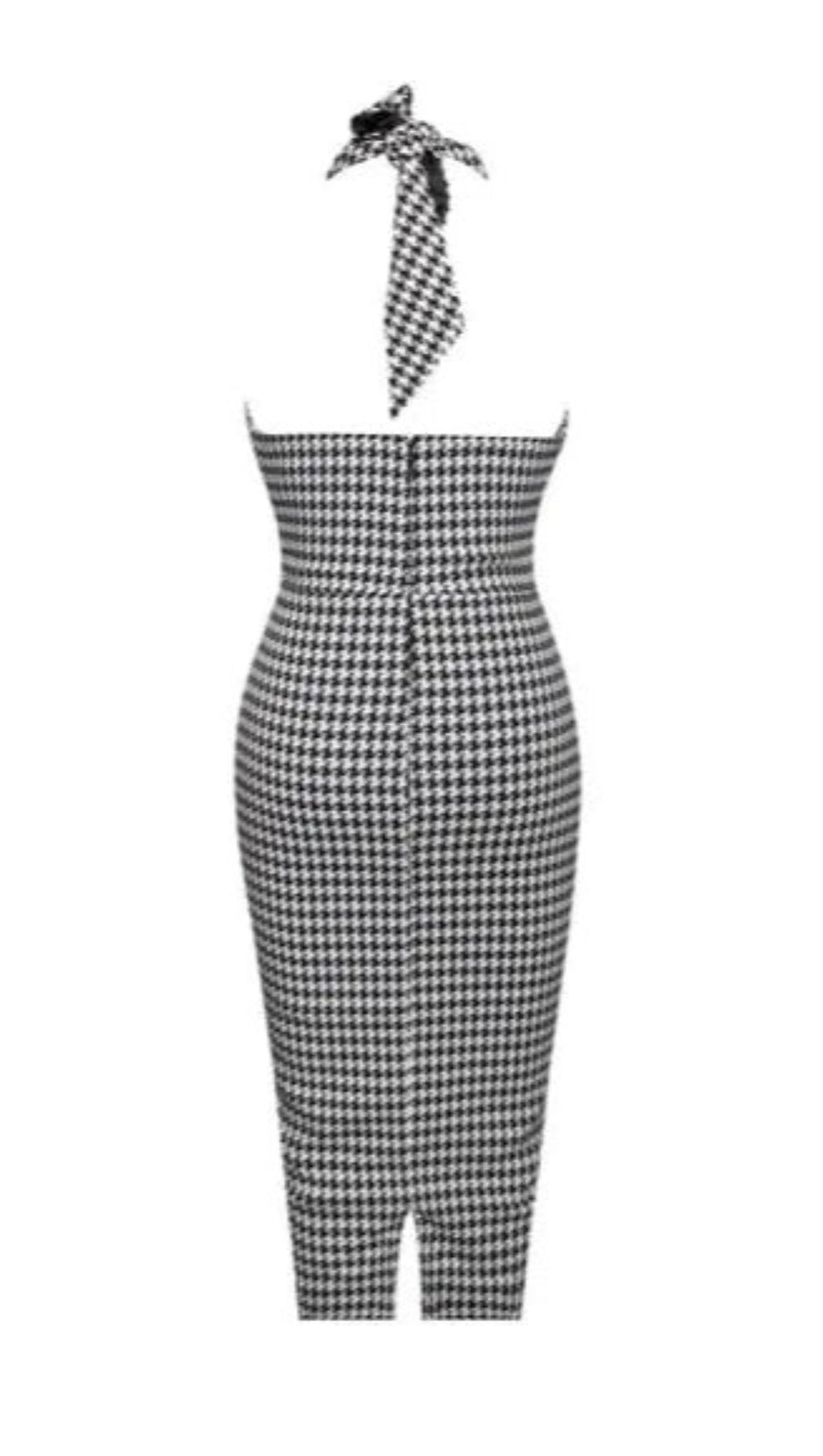 HOUNDSTOOTH CRISS CROSS HALTER NECK MIDI DRESS