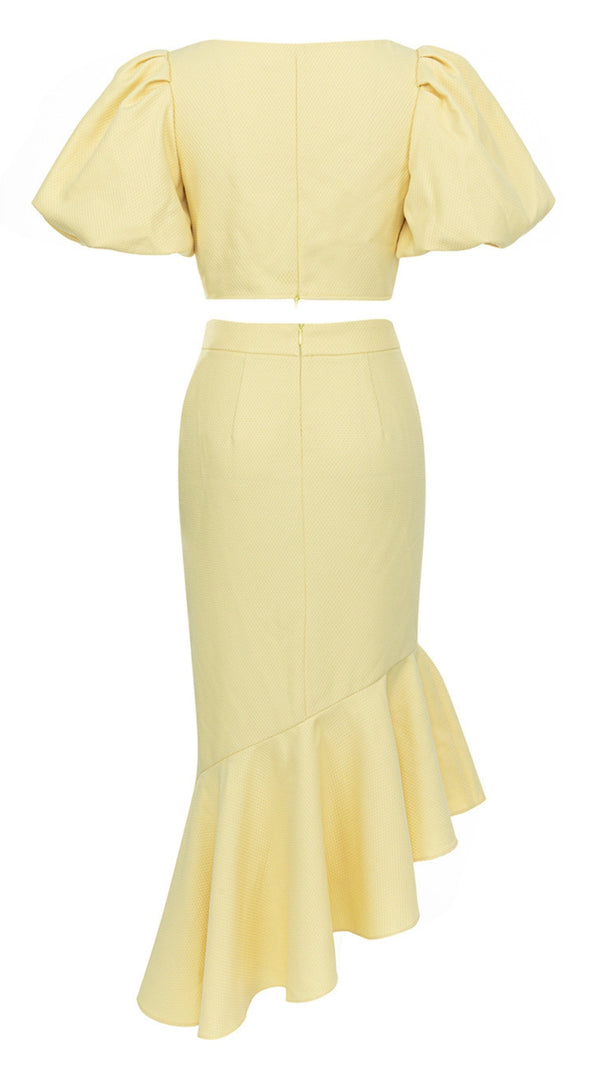 AIIZIE PUFF - SLEEVE BUTTONED CROP TOP AND MERMAID SKIRT SET IN YELLOW - product image