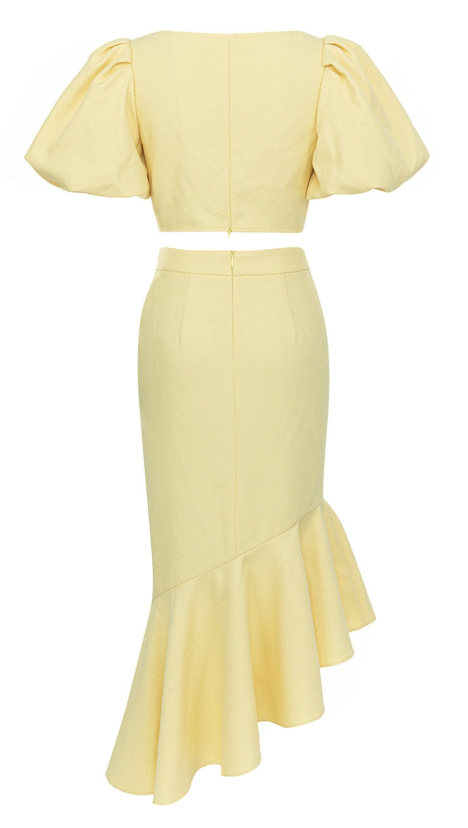 Set aus geknöpftem Crop-Top mit Puffärmeln und Meerjungfrauenrock in Gelb