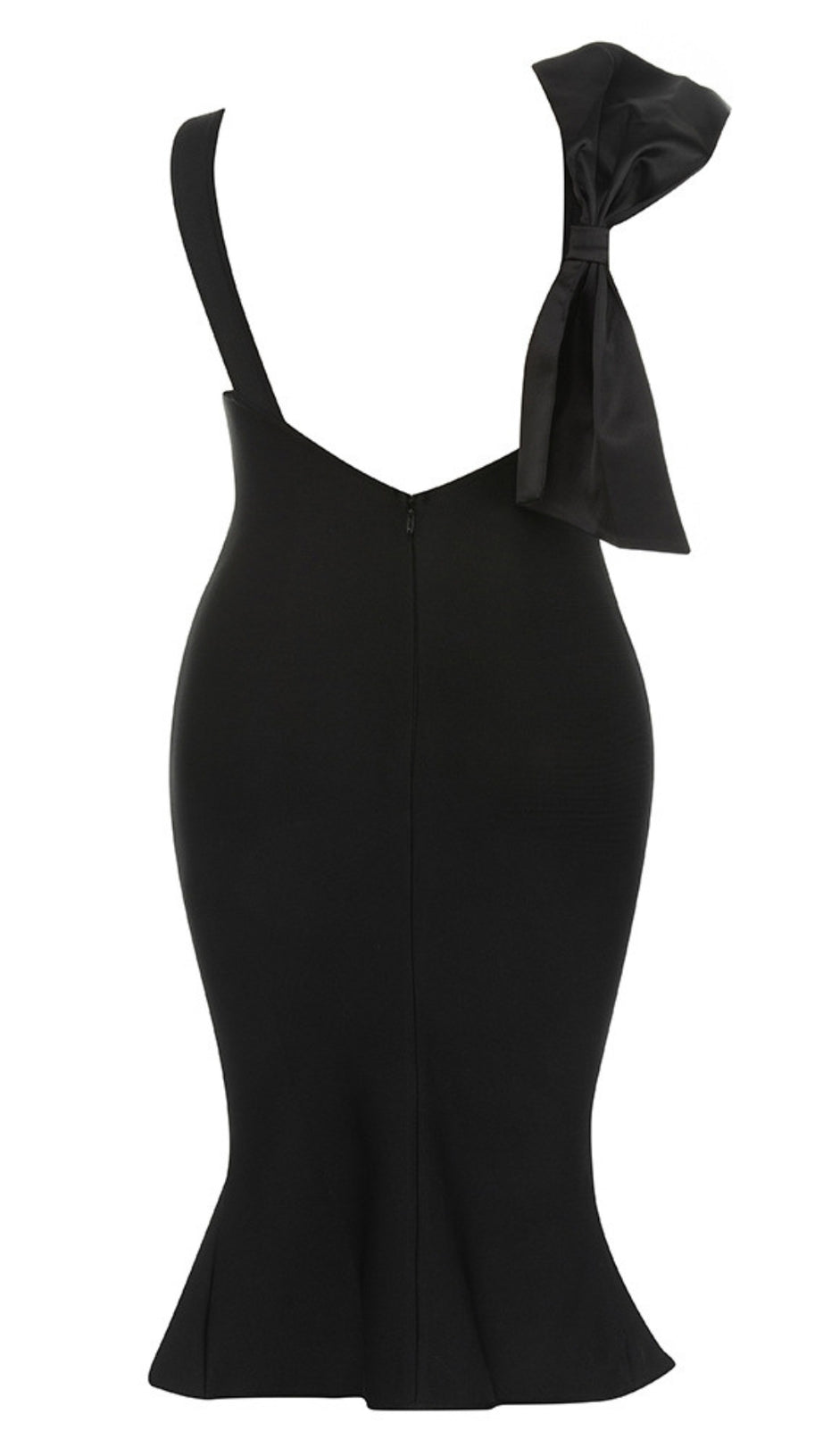 ASYMMETRIC STRAP BOW - DETAIL MIDI DRESS IN BLACK