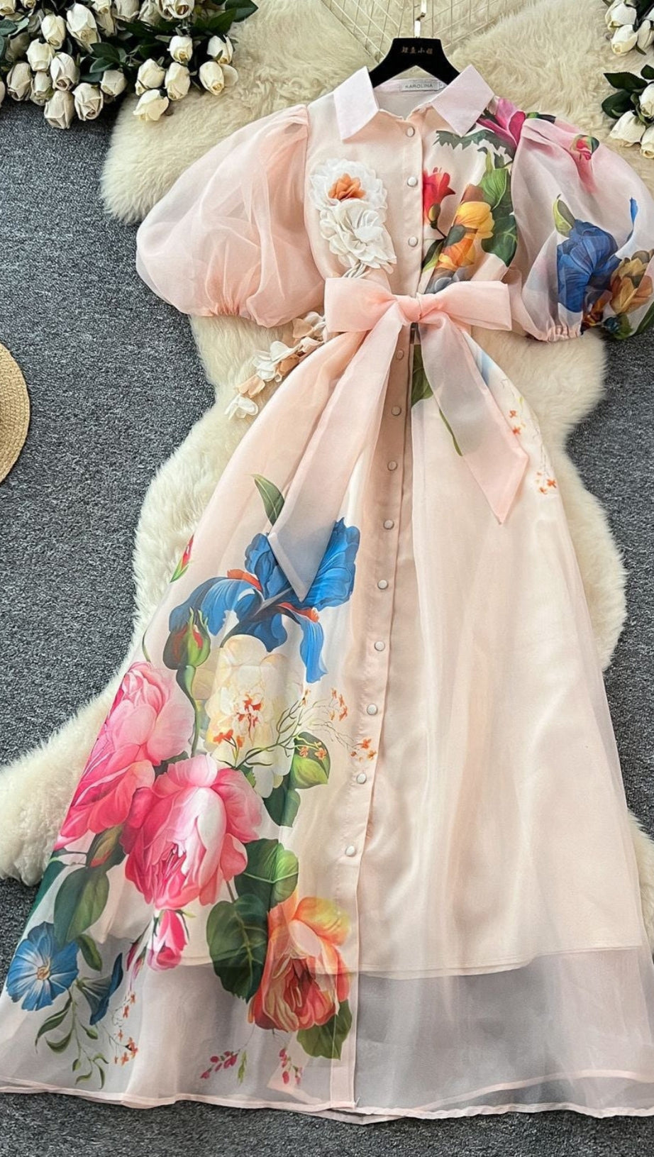 SINGLE-BREASTED FLORAL PRINTED PUFF SLEEVE MAXI DRESS IN APRICOT