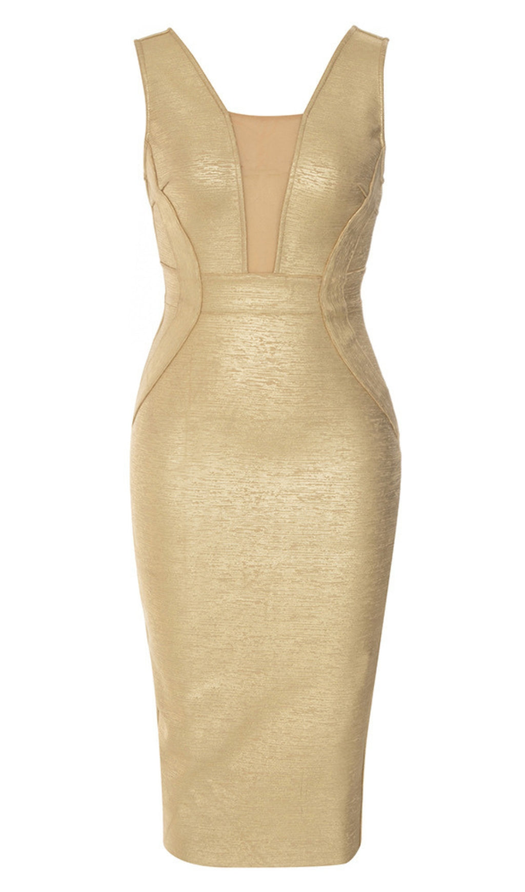 SLEEVELESS MESH - INSERT BANDAGE MIDI DRESS IN GOLD