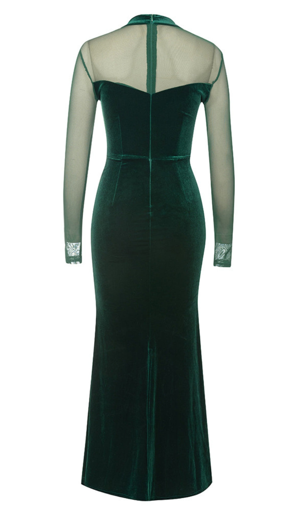 MESH - SLEEVE VELVET BEADED MAXI DRESS IN DARK GREEN
