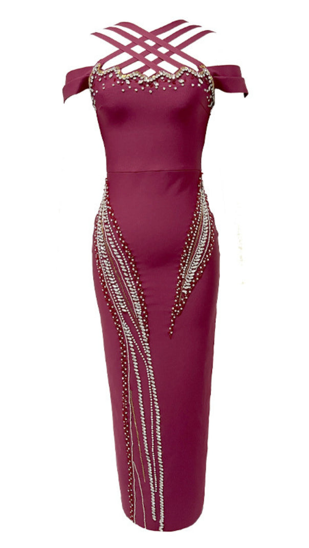 AIIZIE OFF SHOULDER CRISSCROSS RHINESTONE EMBELLISHED MIDI DRESS IN BURGUNDY - product image
