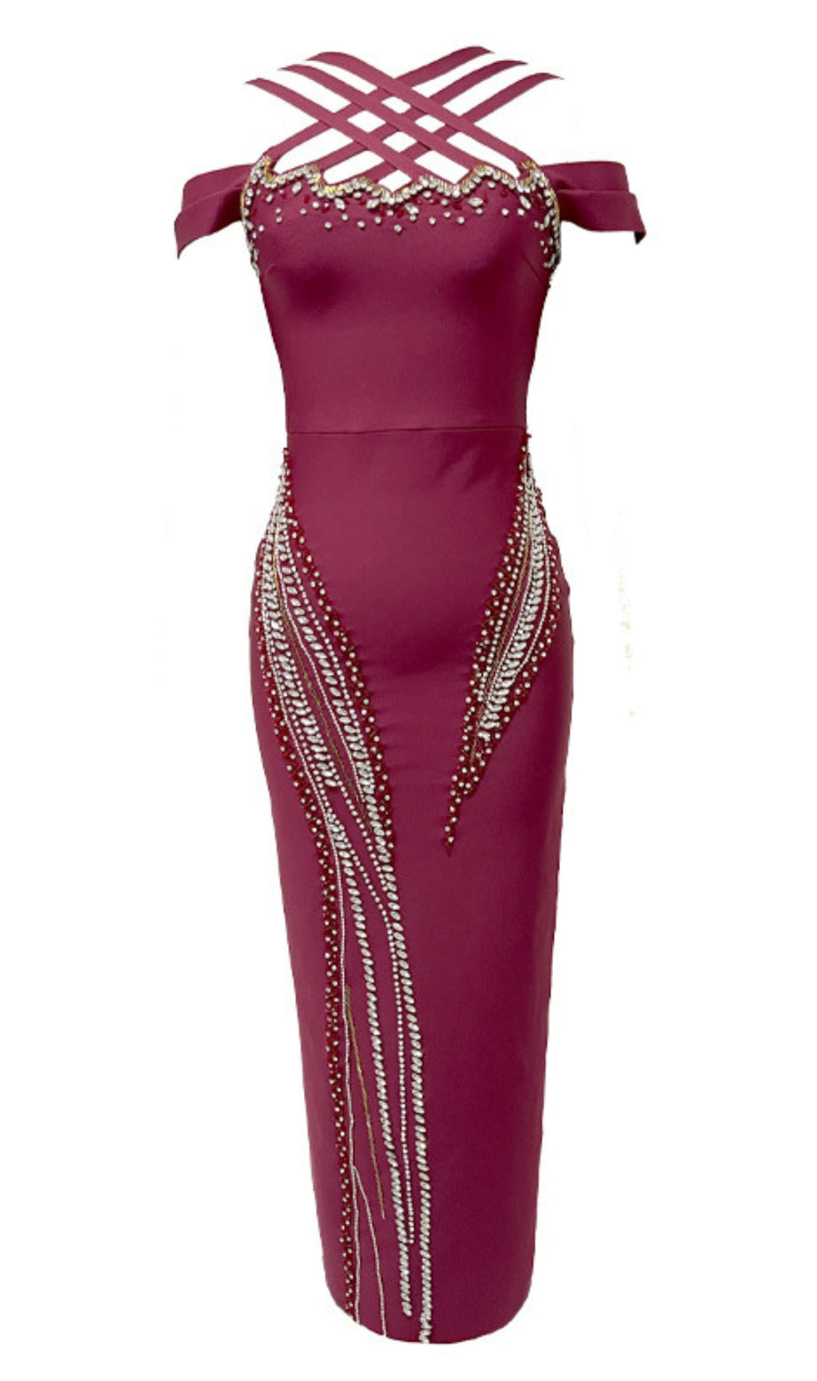 Off Shoulder Crisscross Rhinestone Embellished Midi Dress in Burgundy