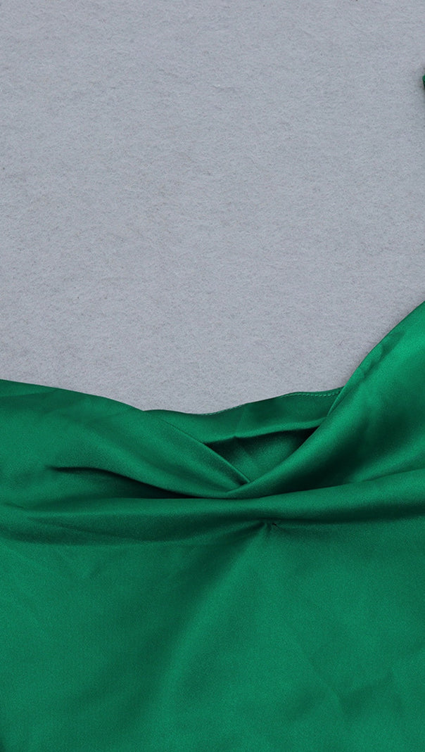 AIIZIE SATIN COWL NECK ASYMMETRIC MIDI DRESS IN GREEN - product image