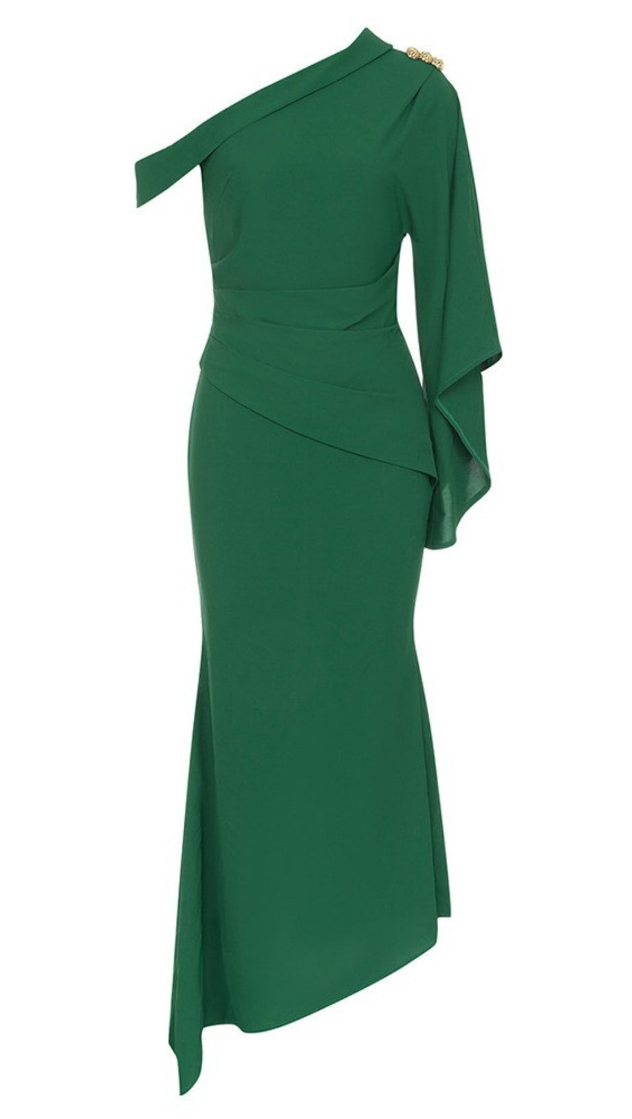 ONE - SHOULDER RUFFLED ASYMMETRIC MAXI DRESS IN GREEN