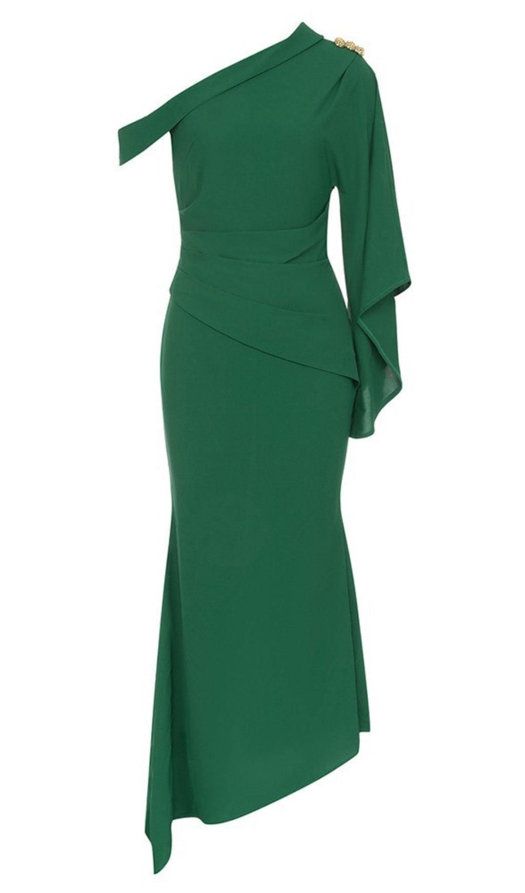 ONE - SHOULDER RUFFLED ASYMMETRIC MAXI DRESS IN GREEN