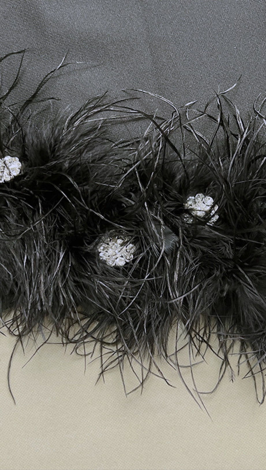 HALTER NECK RHINESTONE CUTOUT FEATHER TRIM MINI DRESS IN BLACK