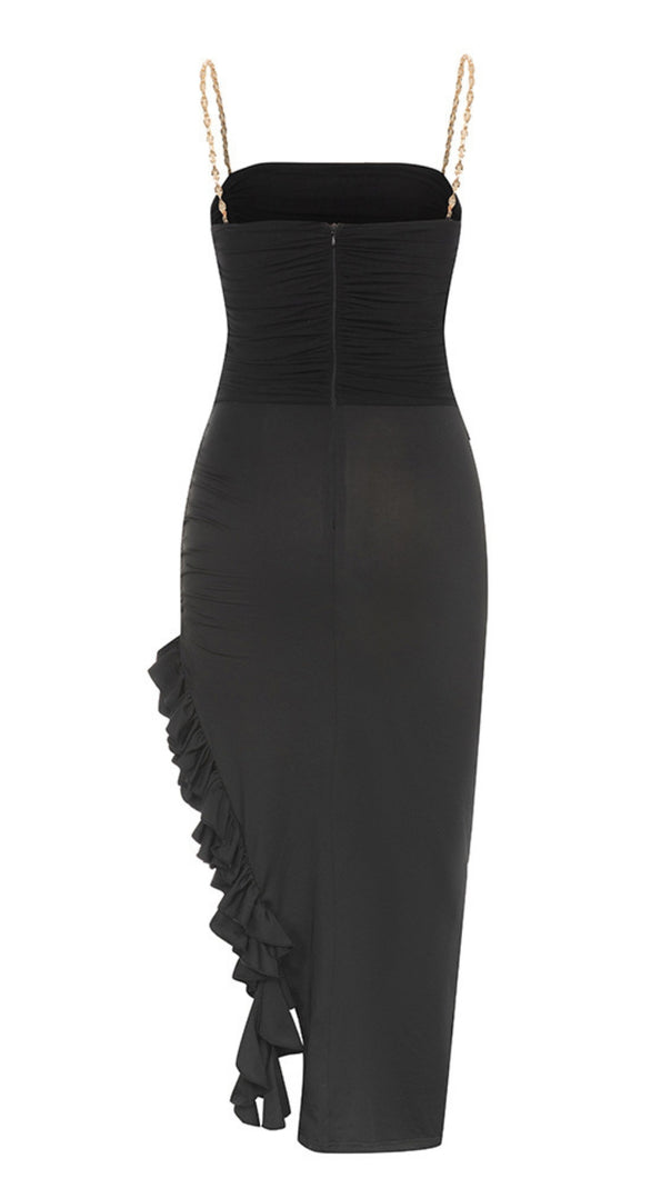 AIIZIE CHAIN - STRAP RUCHED RUFFLE - HEM MIDI DRESS IN BLACK - product image