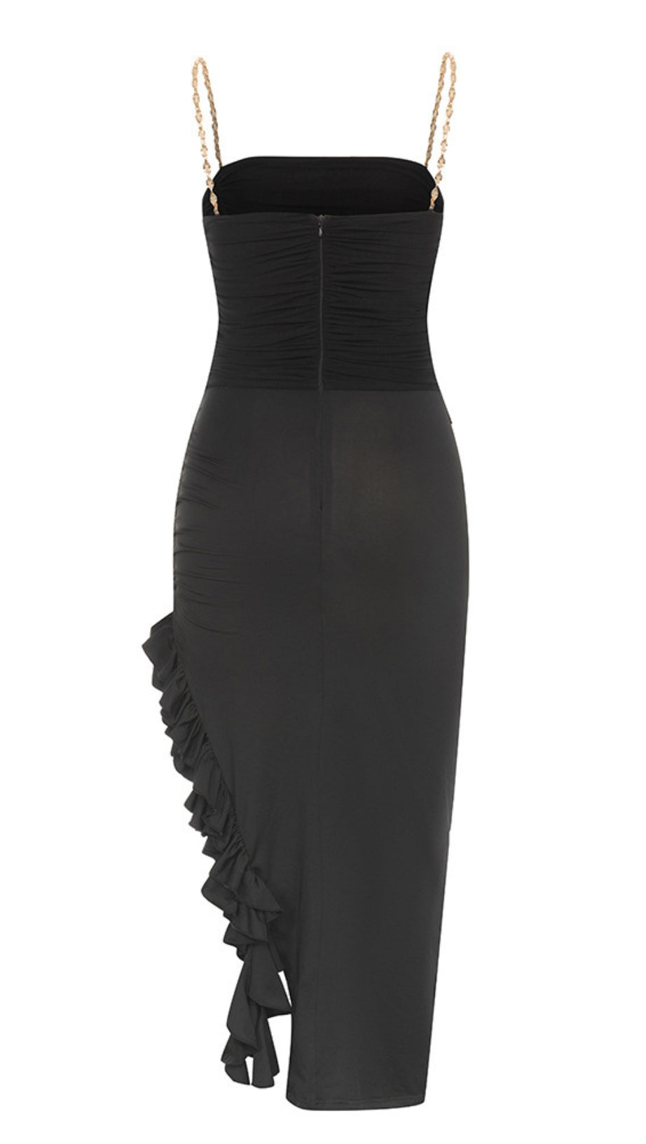 CHAIN - STRAP RUCHED RUFFLE - HEM MIDI DRESS IN BLACK