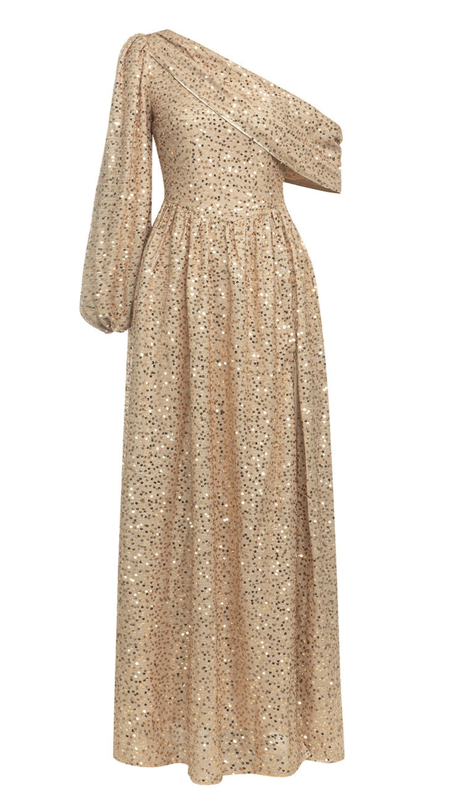 SEQUIN ONE - SHOULDER PUFF - SLEEVE MAXI DRESS IN GOLD