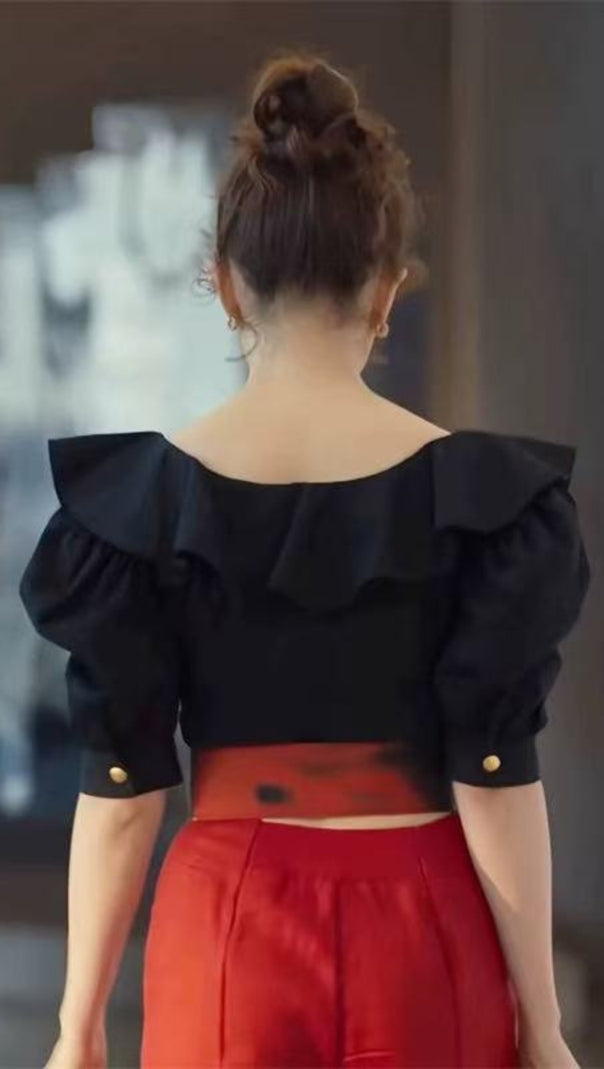 AIIZIE BLACK TOP WITH RUFFLED LARGE ROUND NECK - product image