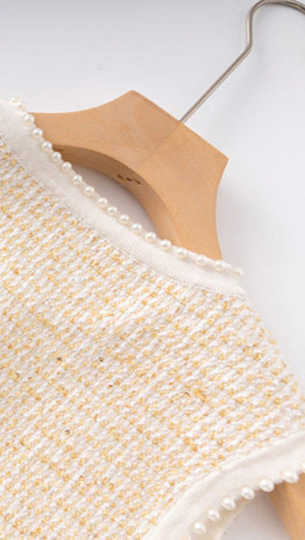 AIIZIE CELESTE TWEED BUTTON-FRONT VEST PLEATED SKIRT SET IN APRICOT - product image