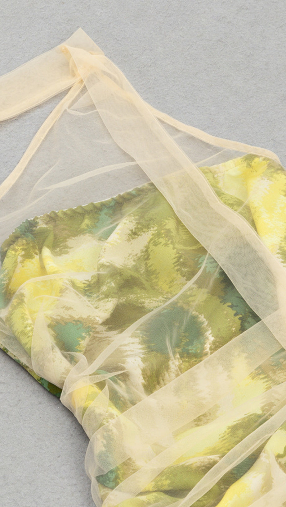 PRINTED MESH HALTER NECK ASYMMETRIC MIDI DRESS