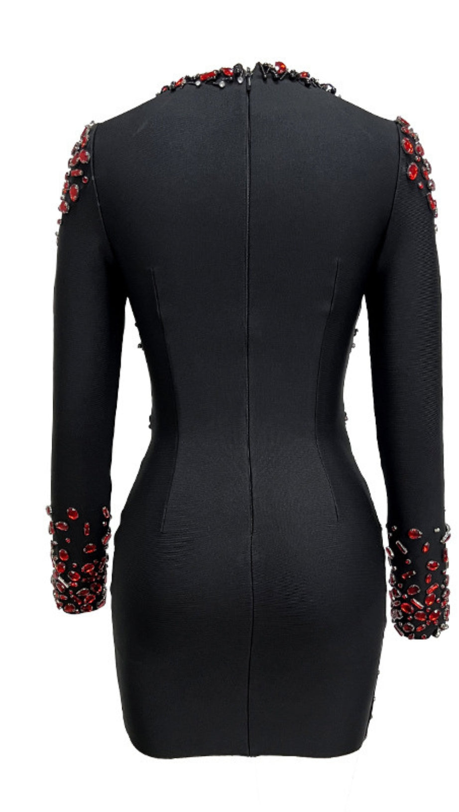 MINI ABITO NERO CON SCOLLO PROFONDO E STRASS ROSSI