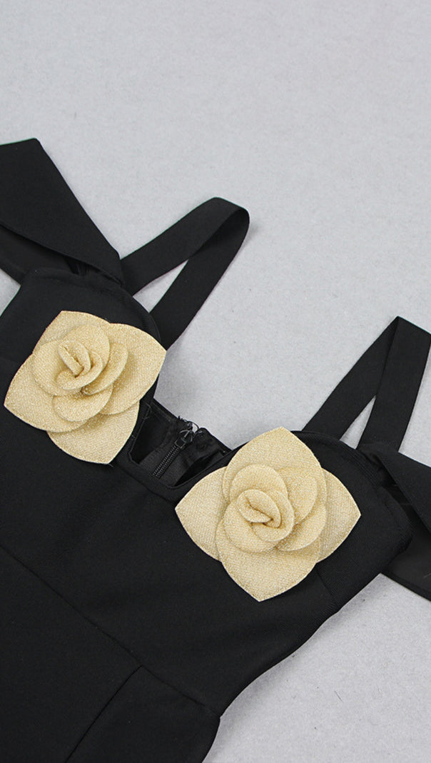 AIIZIE FLOWER - EMBELLISHED OFF - SHOULDER SLIT MAXI DRESS WITH GLOVES IN BLACK - product image