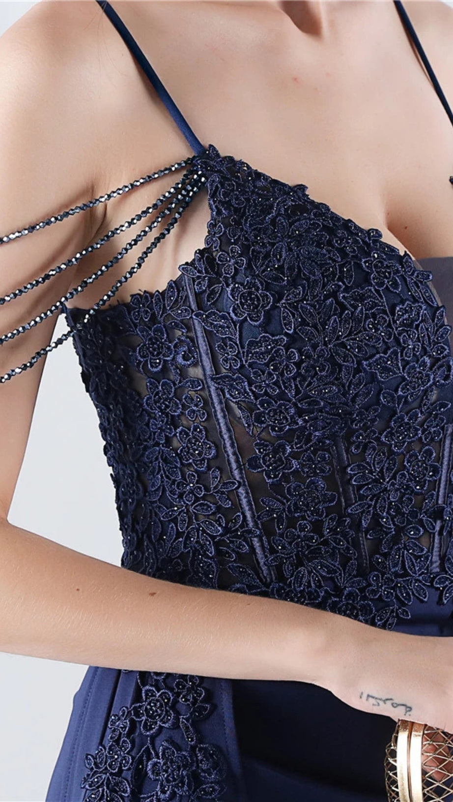 FLOWER BEAD CORSET MAXI DRESS IN NAVY BLUE