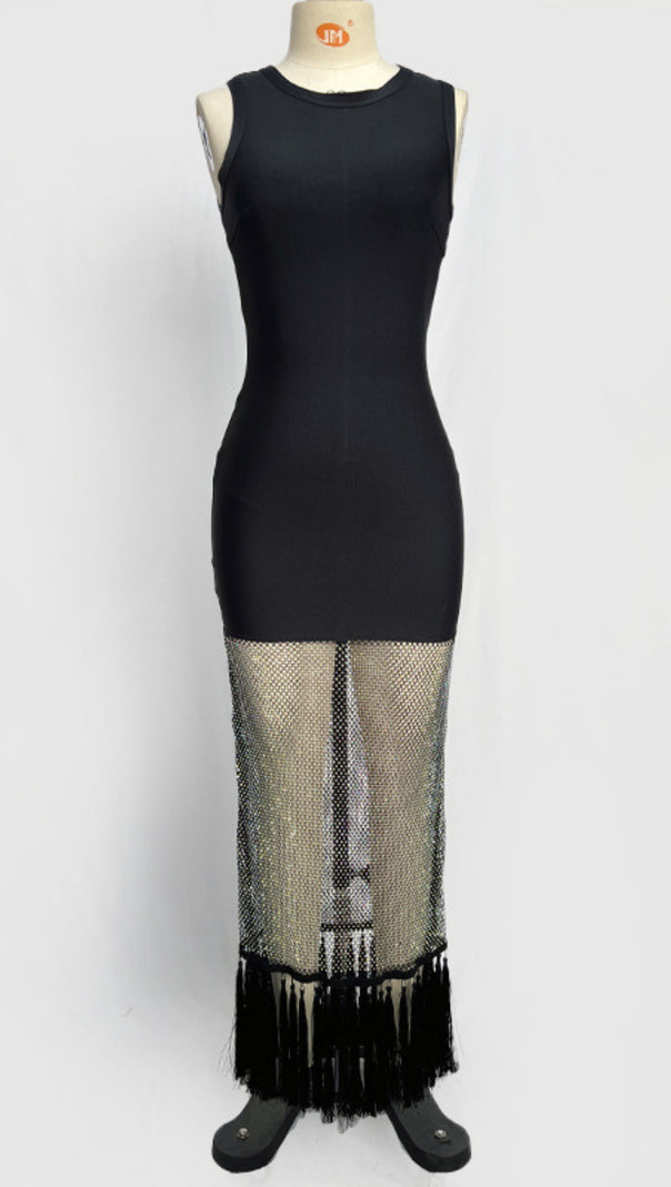 AIIZIE SLEEVELESS MESH FRINGE MIDI DRESS IN BLACK - product image