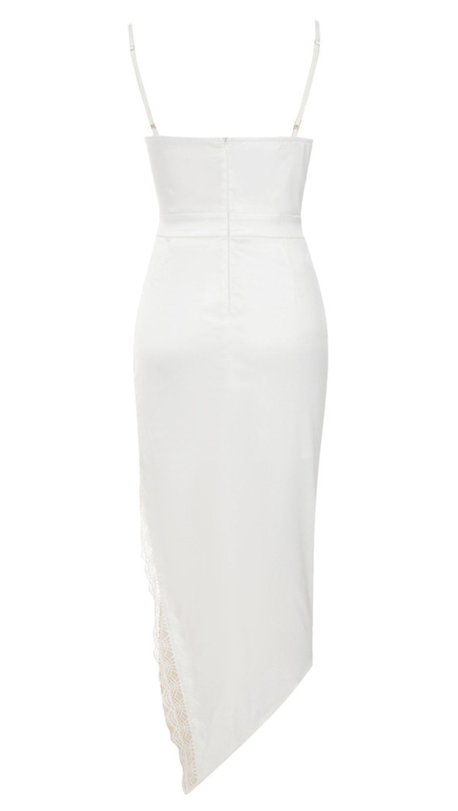 LACE - TRIMMED RUCHED ASYMMETRIC MIDI DRESS IN WHITE