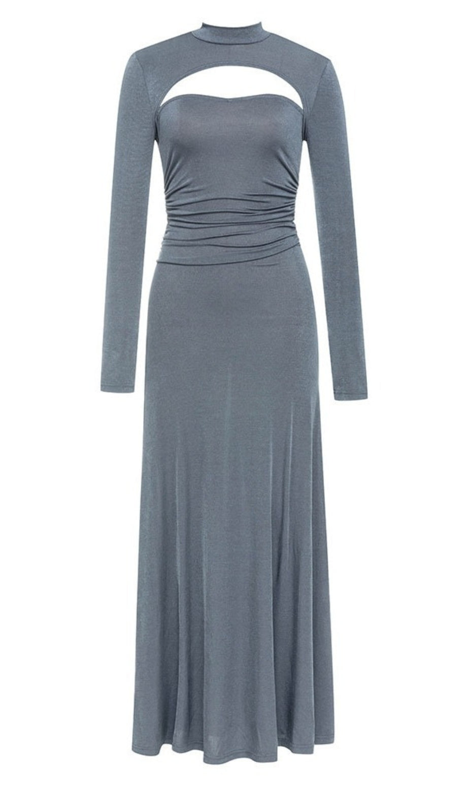 Gerafftes Maxikleid mit Stehkragen und Cut-out in Grau 