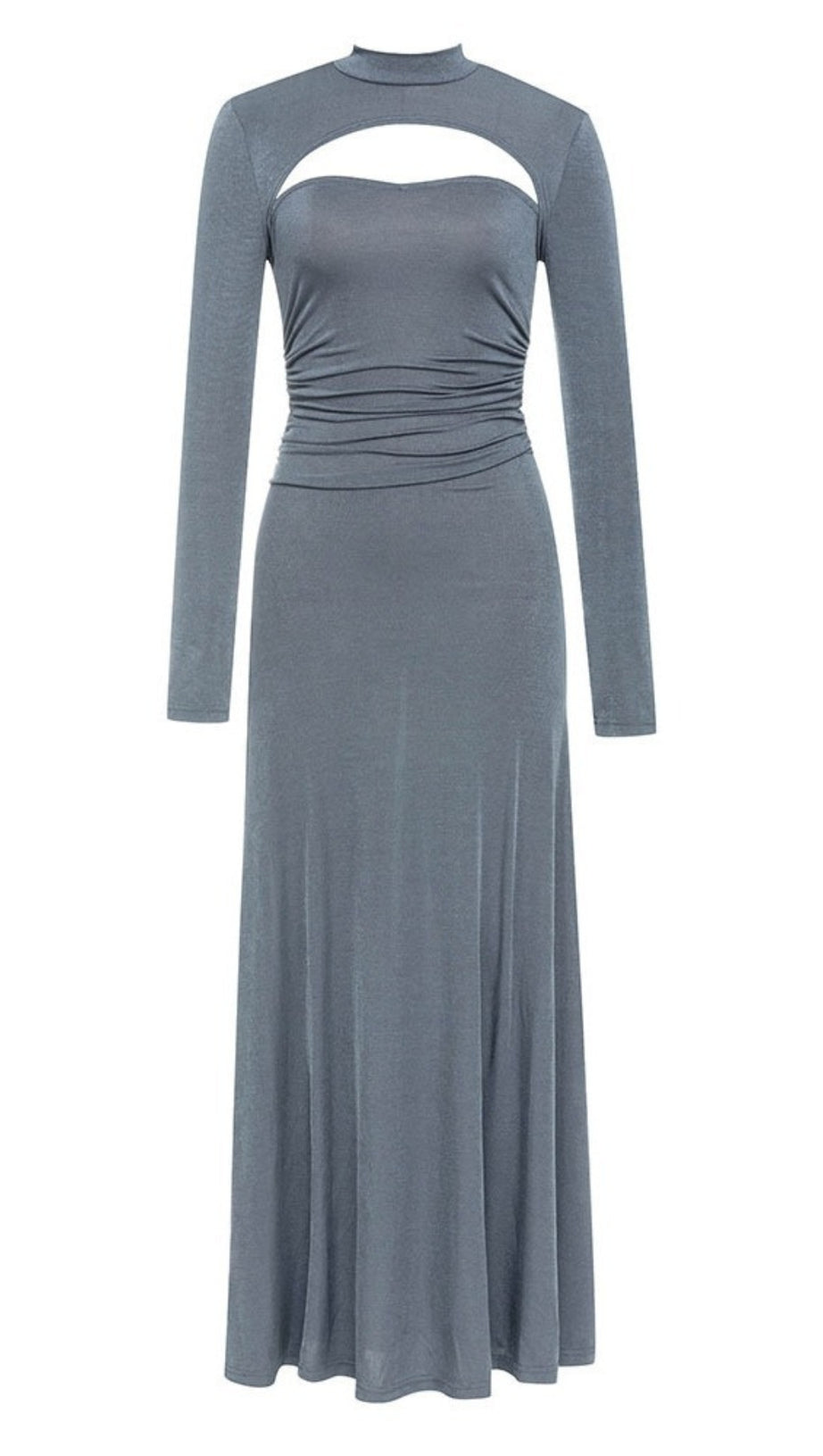 CUTOUT MOCK NECK RUCHED MAXI DRESS IN GRAY