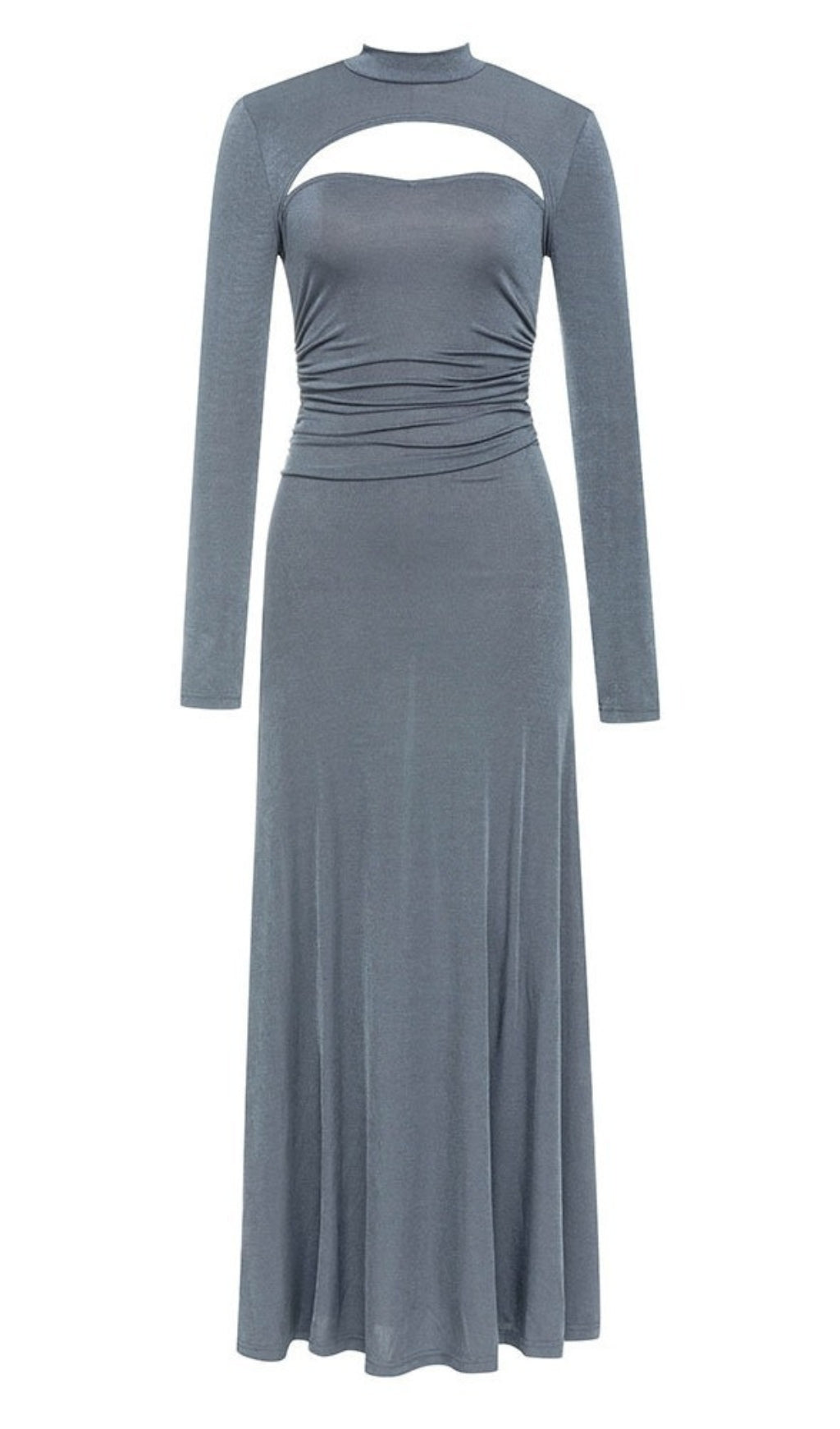 CUTOUT MOCK NECK RUCHED MAXI DRESS IN GRAY