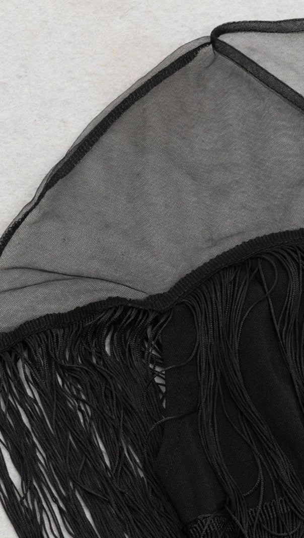 AIIZIE FRINGE - TIERED MESH - YOKE MIDI DRESS IN BLACK - product image