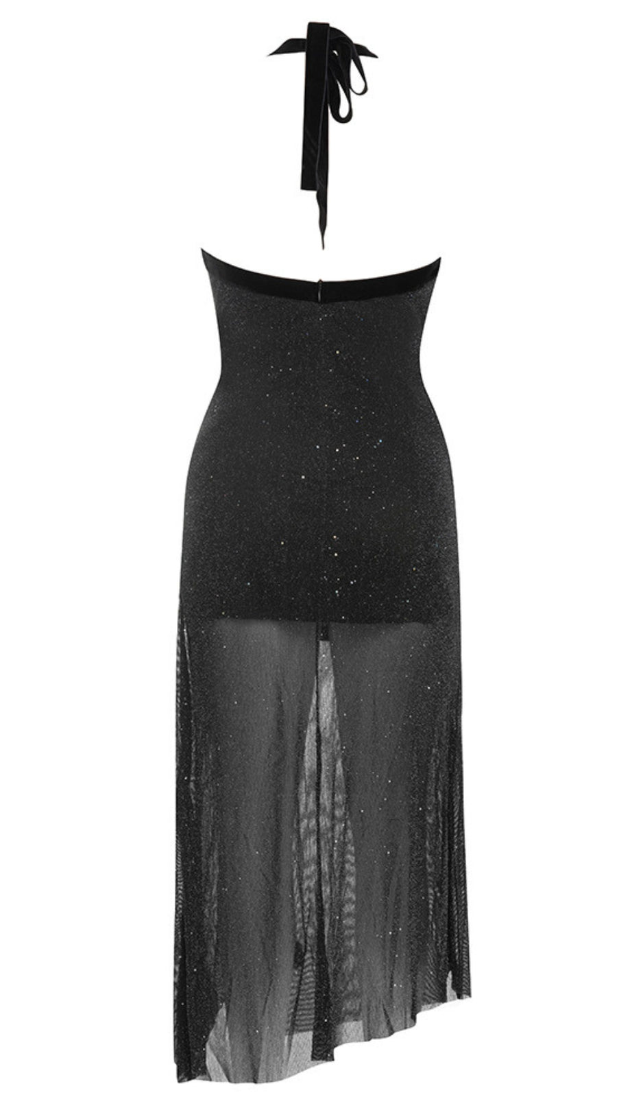 HALTER NECK GLITTER MESH - HEM MIDI DRESS IN BLACK