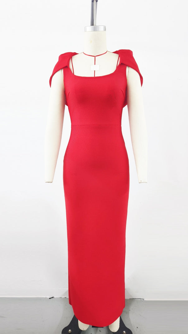 AIIZIE SQUARE NECK CAP - SLEEVE BODYCON MIDI DRESS IN RED - product image