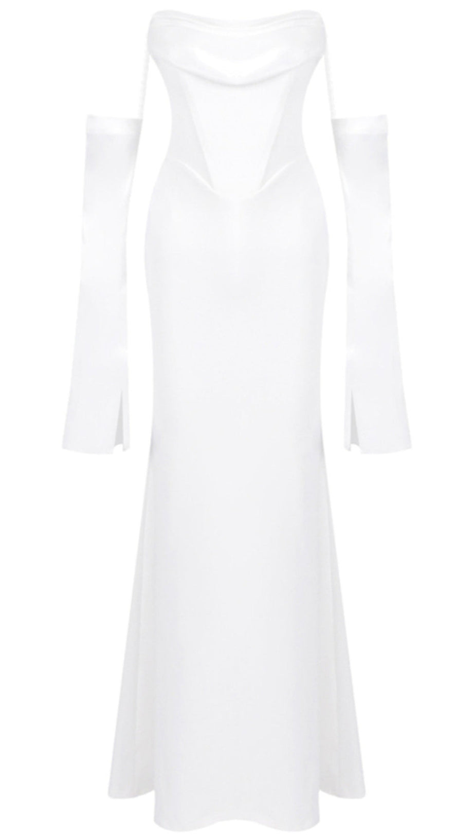 LONG SLEEVE STRAPLESS DRAPED MAXI DRESS WHITE