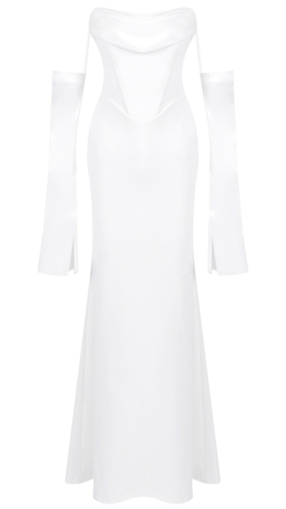 LONG SLEEVE STRAPLESS DRAPED MAXI DRESS WHITE