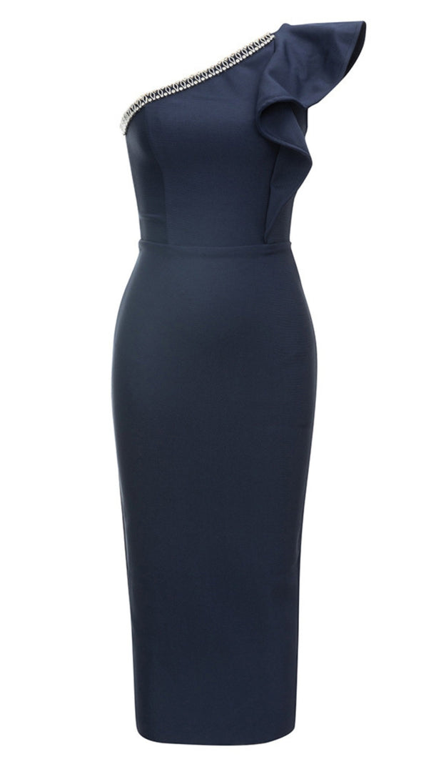 AIIZIE ONE - SHOULDER RHINESTONE - TRIM RUFFLE MIDI DRESS IN NAVY BLUE - product image