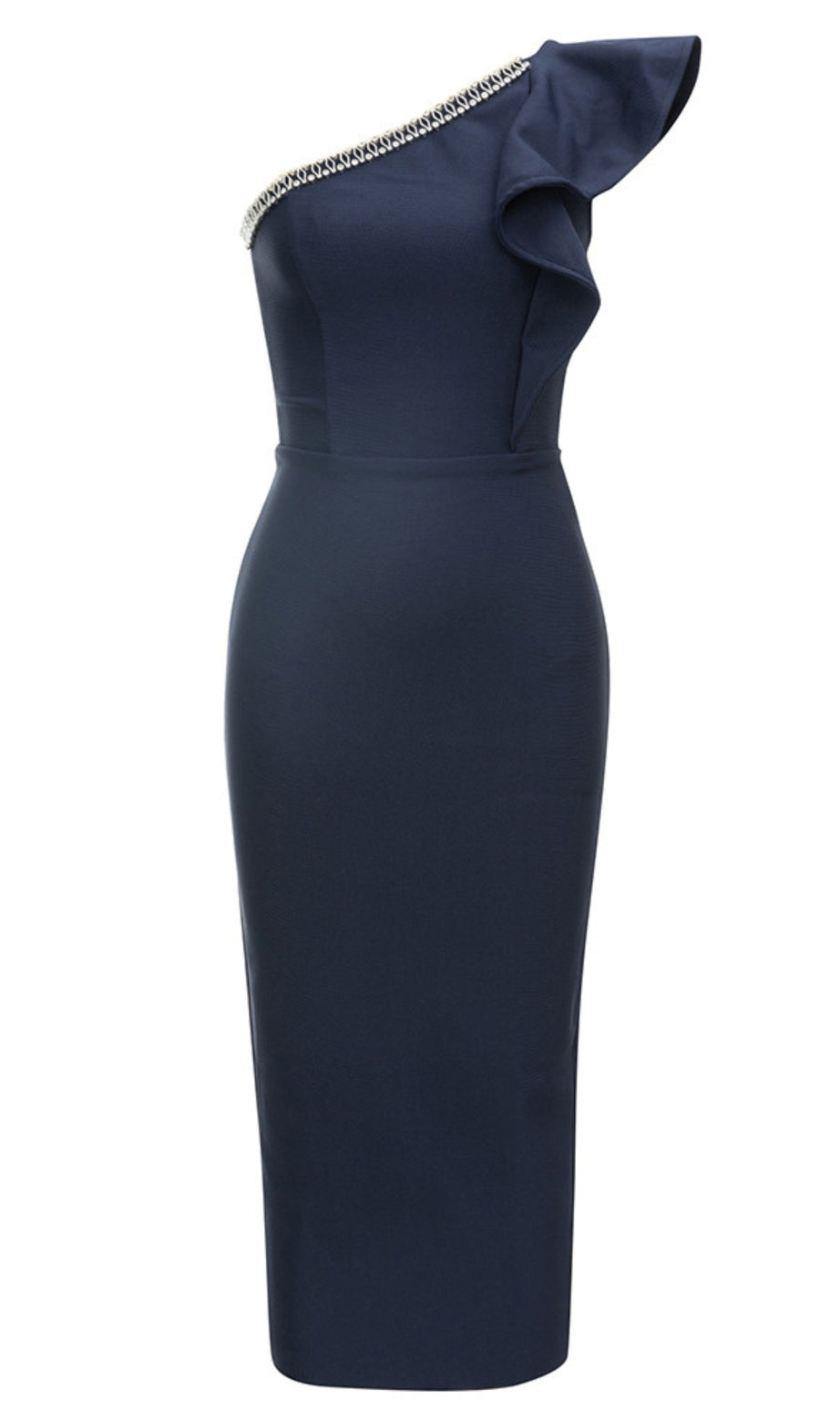 One-Shoulder-Midikleid mit Strassbesatz und Rüschen in Marineblau