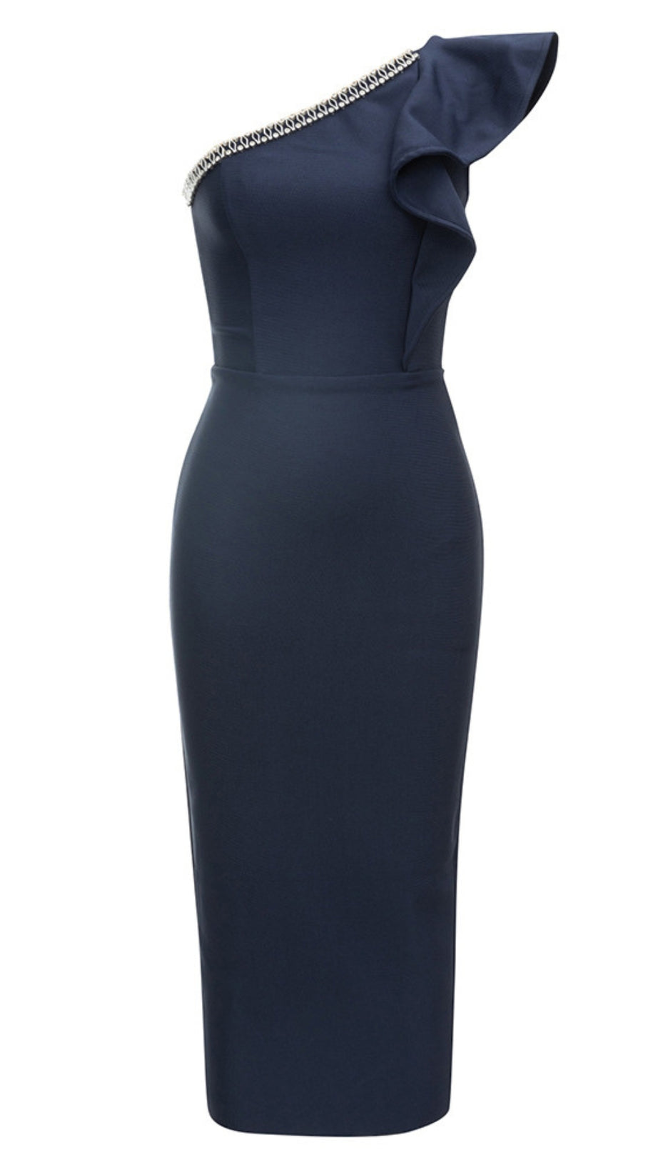 One-Shoulder-Midikleid mit Strassbesatz und Rüschen in Marineblau