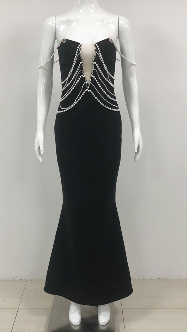 AIIZIE PEARL - CHAIN EMBELLISHED CUTOUT MERMAID GOWN IN BLACK - product image