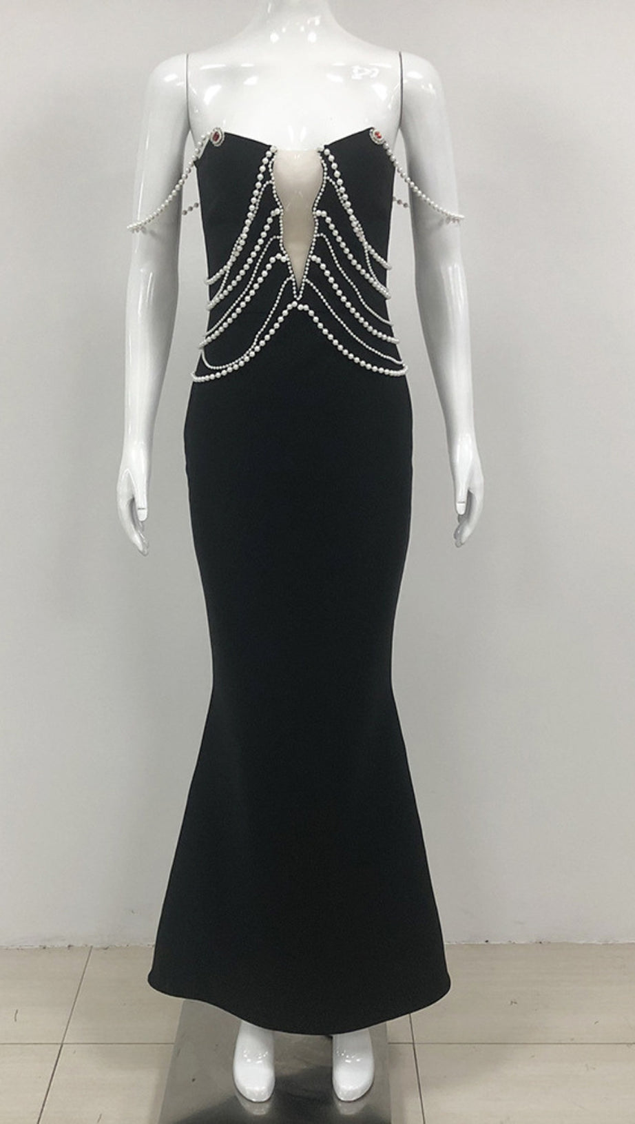 PEARL - CHAIN EMBELLISHED CUTOUT MERMAID GOWN IN BLACK