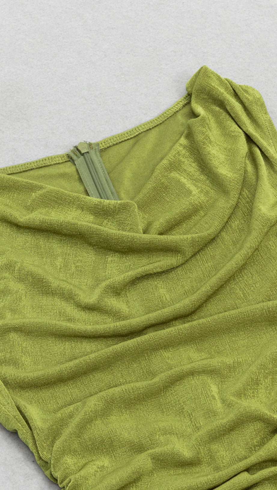 RUCHED ASYMMETRIC RUFFLE - HEM MIDI DRESS IN GREEN